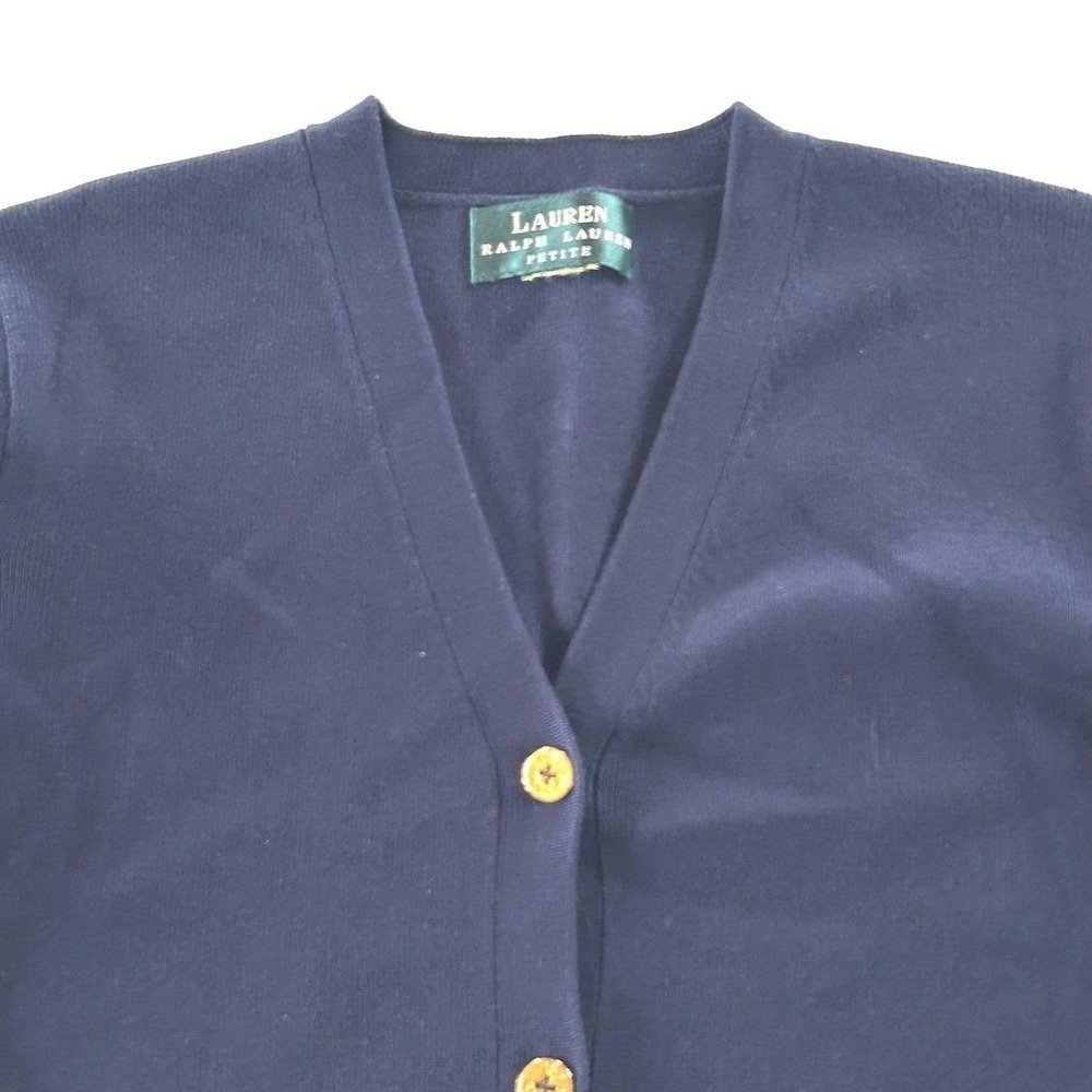 Lauren Ralph Lauren Cardigan Womens M Petite Navy Striped Gold Button Nautical - Picture 2 of 8
